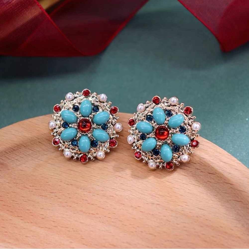 Vintage Turquoise Red Crystal & Pearl Earrings